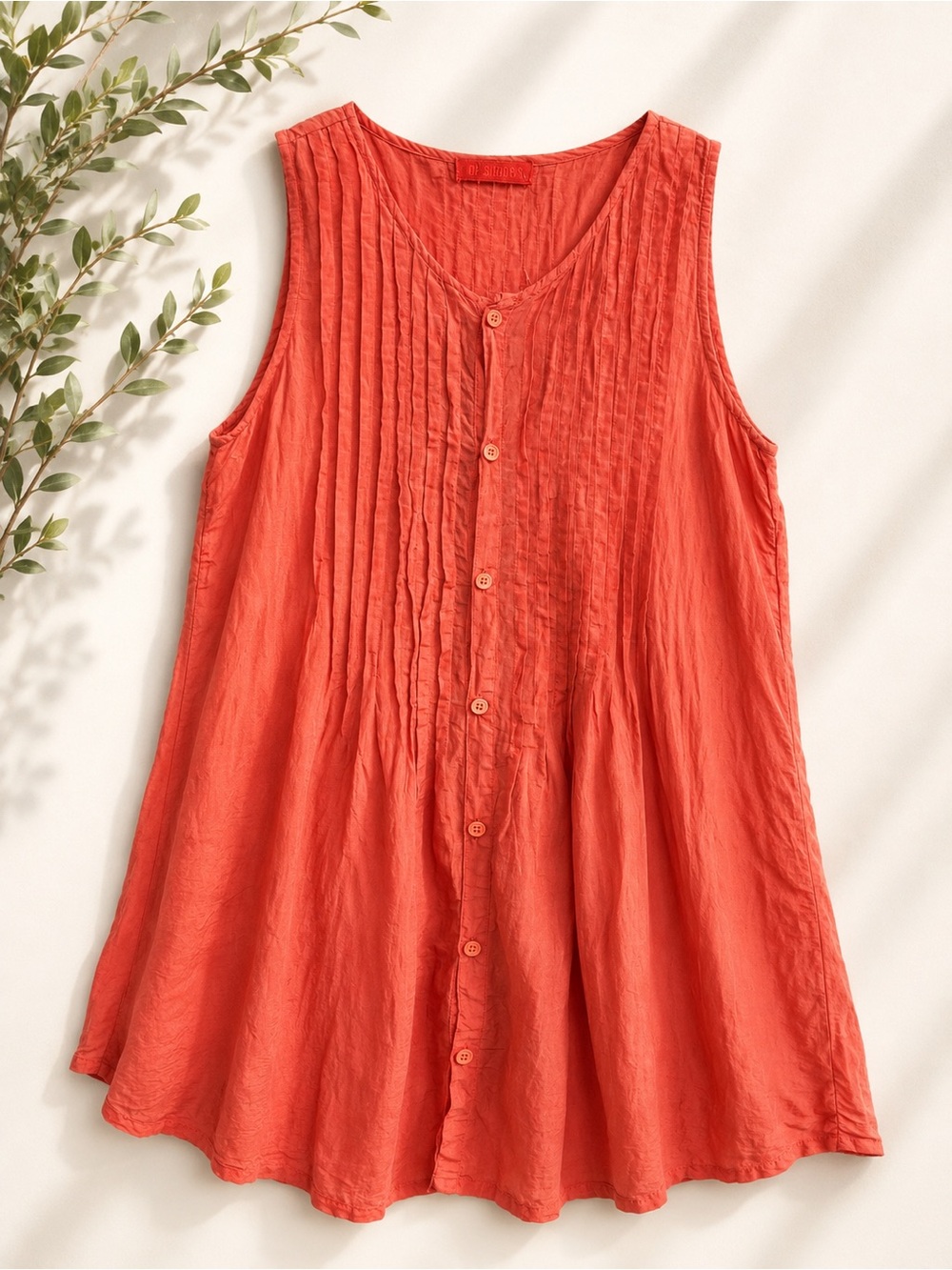 CP Shades Pintuck Button Front Tunic Dress Cotton Silk Orange Red XS Sleeveless